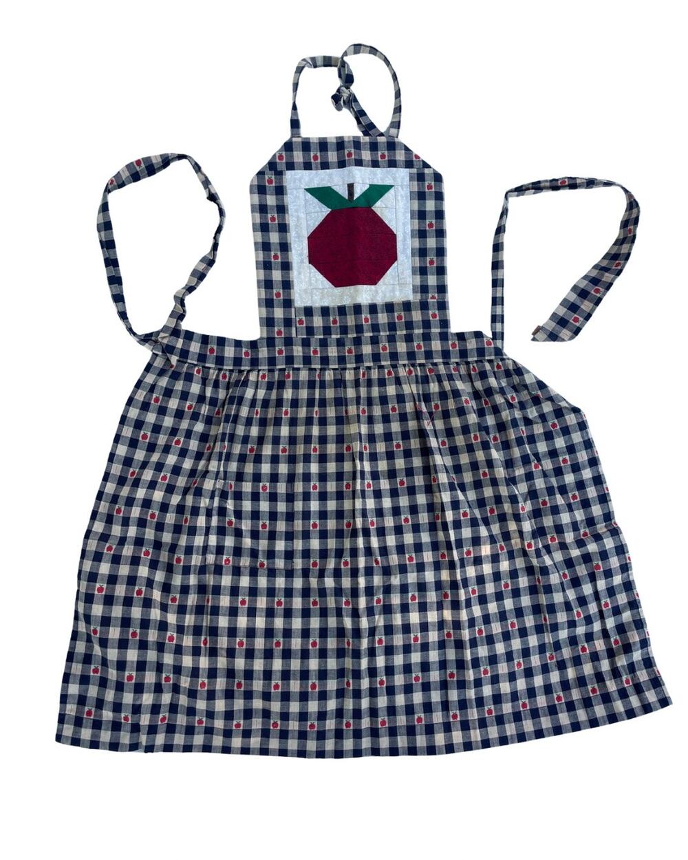 Vintage Apple Patchwork Bib Apron Navy Cream Gingham Country Cottage Kitchen